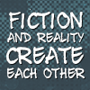 Text: The quote 'Fiction and reality create each other' set on a texturised blue-grey background.