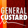 text: the words 'GENERAL CUSTARD' on a colourful background of red and orange stripes
