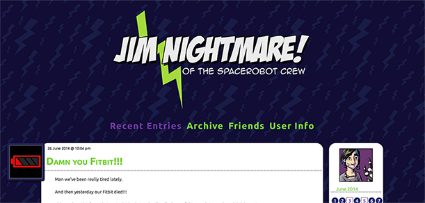 A screenshot of Jim Nightmare's journal. His journal is inspired by comic books with his name written in a comic book font, and there is a pattern of lightning bolts for his journal's background.
