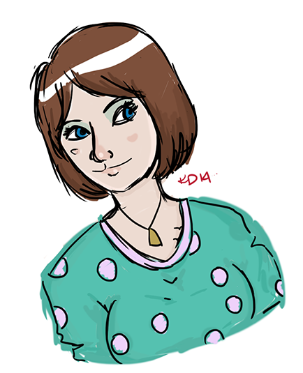 A drawing of a young white femme with chin-length brown hair, blue eyes, a necklace with a vaguely trapezoidal golden pendant, light green eye-shadow and a green top with purple polka dots.