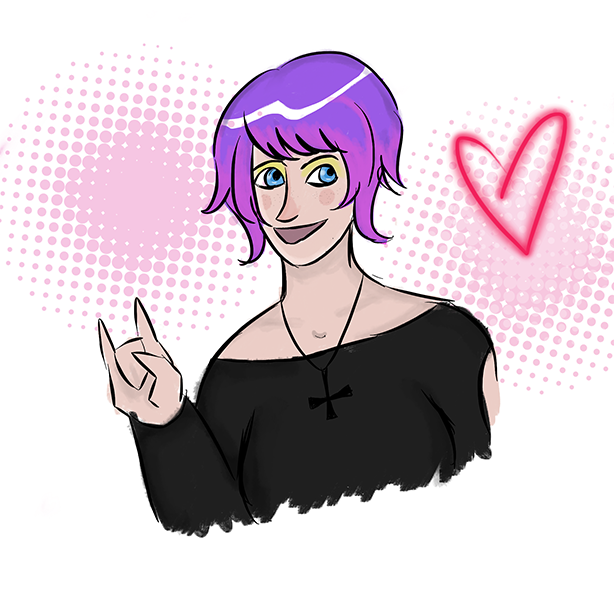 A drawing of a young white woman with purple hair, blue eyes and bright green eye-shadow. She's wearing an off-the-shoulders black top and a necklace with an inverted cross, and she's doing the 'rock on' gesture.