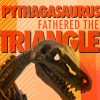 Text: 'Pythagasaurus fathered the triangle'. The words are accompanied by a photo of the head and neck of a T. rex skeleton.