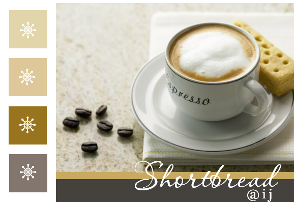 A journal banner with a photo of a cup of coffee with a shortbread biscuit sitting next to it on its saucer. The text 'Shortbread @ IJ' is set underneath the photo, in a script typeface. There are coloured squares - all shades of cream or brown - next to the photo with an eight-pointed 'asterisk' shape in each of them.