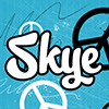 Text: The name 'Skye' in a bold script typeface set against a blue background with repeating peace signs.