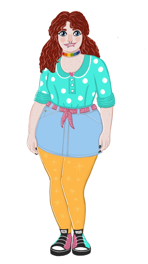 A drawing of Lilly, a fat white woman with wavy red hair, blue eyes and freckles. She has a nose piercing and two piercings under her lower lip. She's wearing a rainbow choker, a polka-dotted teal top with the sleeves rolled up, a jean skirt with a glittery pink scarf used as a belt, goldenrod tights with star patterns, and a pair of pink and teal trainers/sneakers.