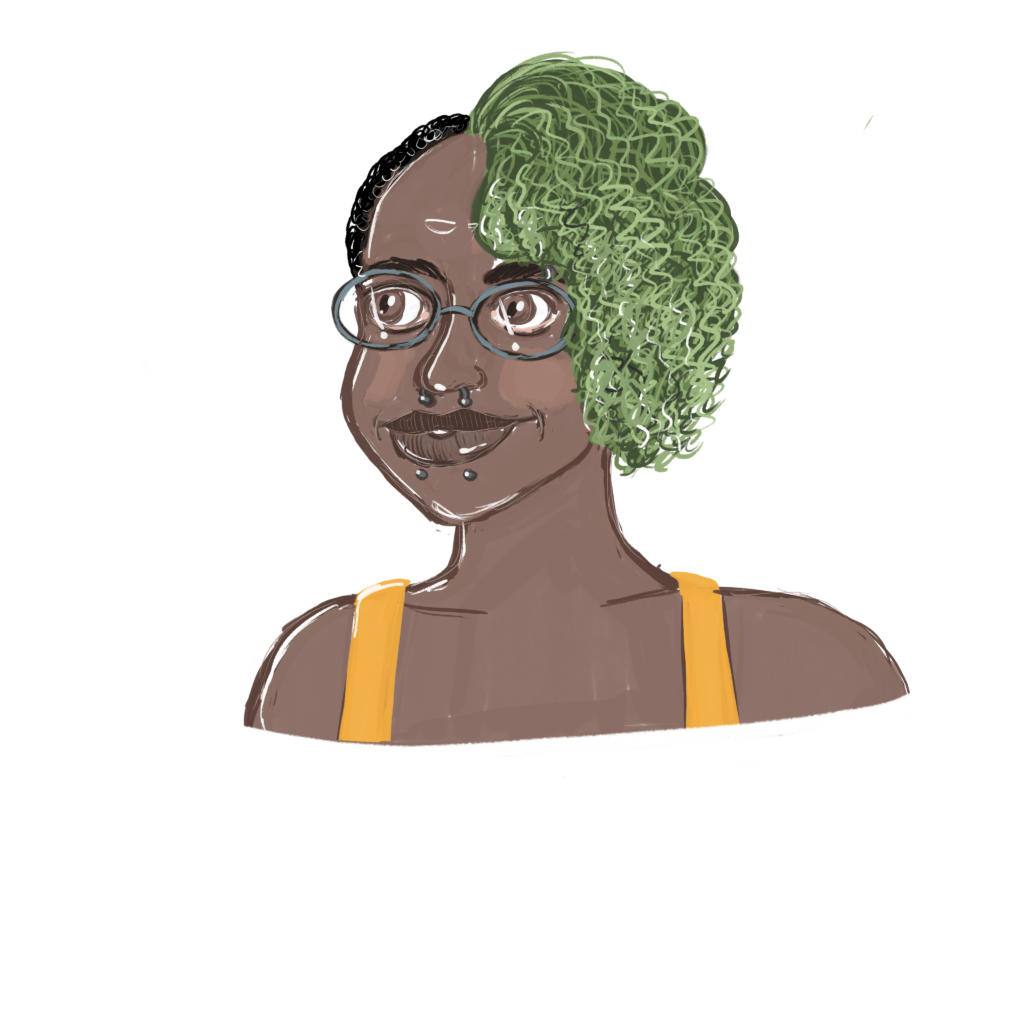 A drawing of Em, who is a Black nonbinary person. Half their hair is short and black; the other half is chin-length, wavy and dyed green. They're wearing silver glasses and have multiple facial piercings. They're also wearing an orange tank top.