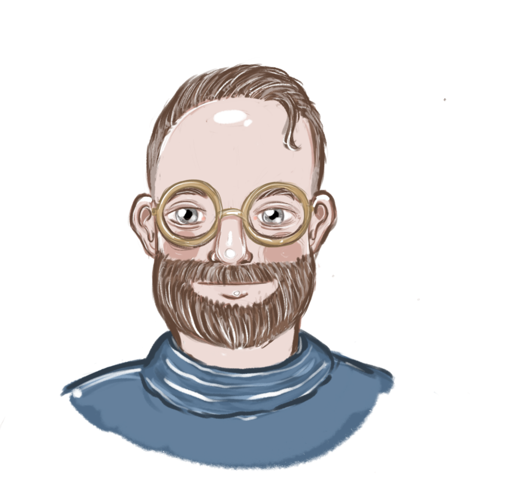 A digital painting of James. James is a middle-aged white man with medium-brown hair with streaks of grey, grey eyes, a beard and gold glasses. He's wearing a blue rollneck/turtleneck.