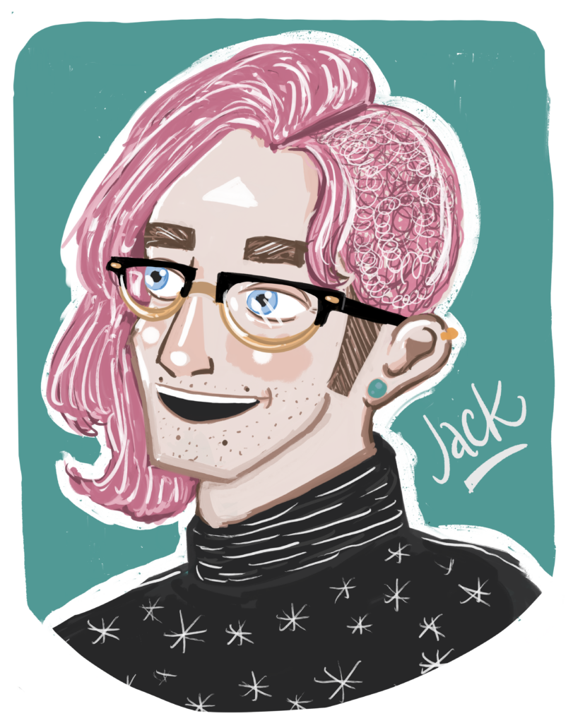 A painting of a white man with blue eyes and pink hair. His hair is shaved on one side and is long on the other. He's wearing gold and black glasses and a black rollneck/turtleneck with a starry pattern. Jack is smiling at the viewer. 