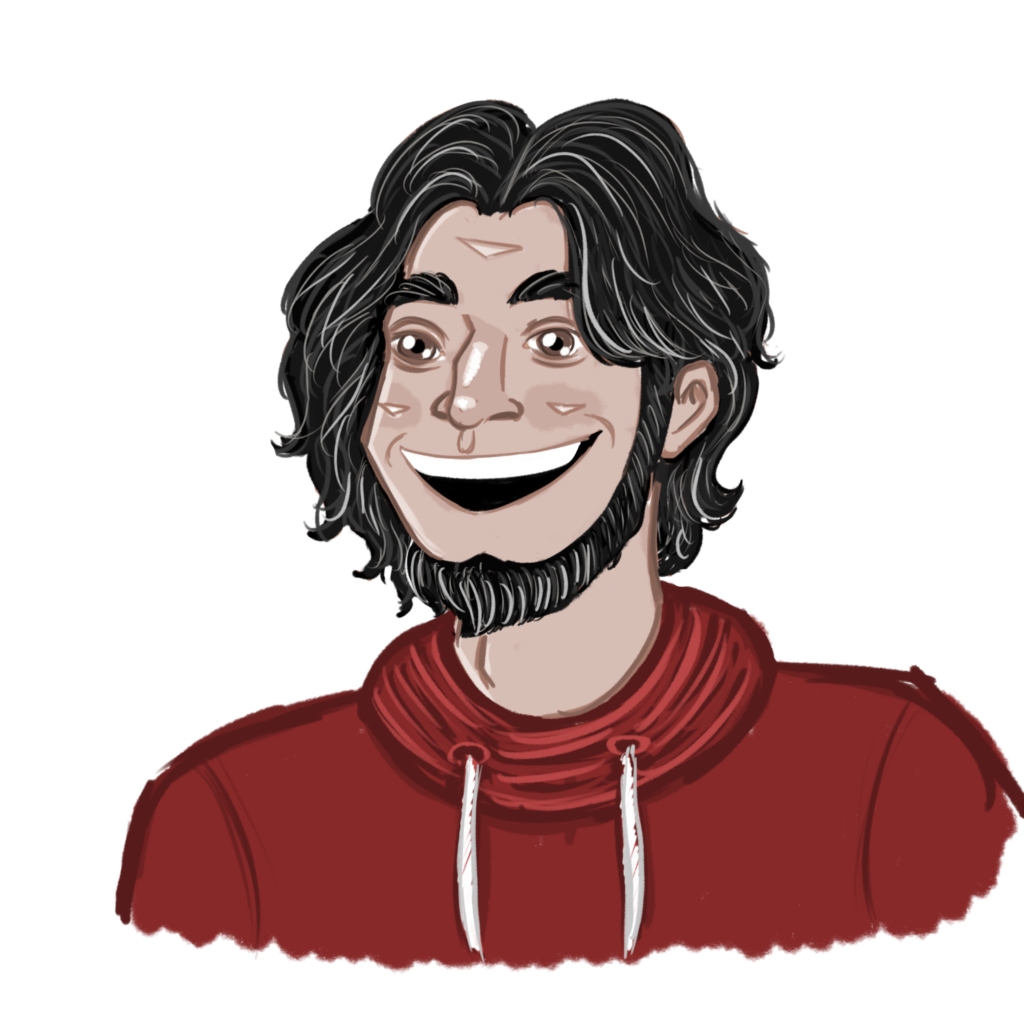 A drawing of Hess, a multiracial light-skinned man. He has dark hair and eyes and is grinning broadly at the viewer. He's wearing a red hoodie.