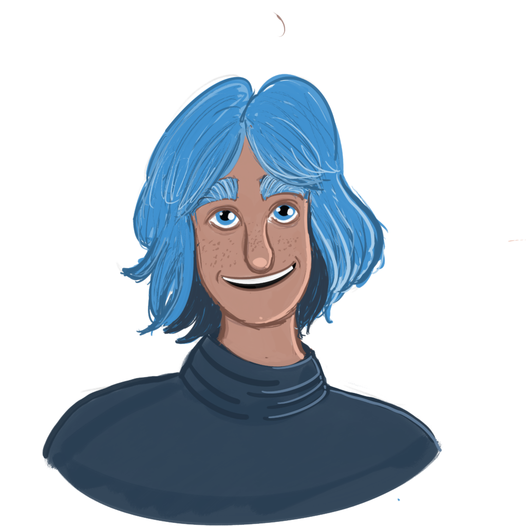 A digital painting of Yavari, a brown-skinned multiracial man with blue hair, freckles and blue eyes. He's smiling and wearing a dark-blue rollneck/turtleneck.