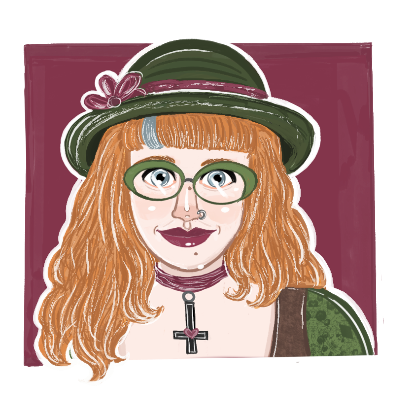 A digital painting of Fiona, a light-skinned woman with strawberry-blonde hair and grey eyes. Her hair is long and wavy; she's wearing a fringe/bangs and part of that fringe is dyed bluish-grey. She's wearing a green hat with a burgundy ribbon, green cat's-eye glasses and a choker with an inverted-cross pendant.