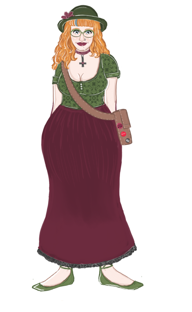 A full-body digital painting of a white woman with strawberry blonde hair and grey eyes. She's wearing a green hat with a burgundy ribbon. She's also wearing a green floral short-sleeved shirt, a brown handbag with political badges on it, a long burgundy skirt and a pair of flat green shoes. She's got a slight smile on her face.