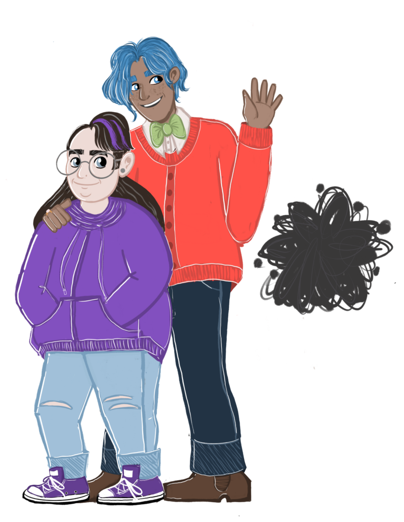 Drawing of Vova, a short, stout, bespectacled, dark-haired man in his early forties with long dark hair that’s shaved on the left. He has purple streaks in his hair, which has strands of grey. Yavari is standing just behind Vladimir and his hand on Vova's shoulder. Yavari is a tall brown-skinned mixed-race medium-sized man with blue eyes and freckles. He’s wearing an orange cardigan with a beige button-up shirt underneath, along with a green bow tie. He’s also wearing dark-washed jeans and brown Chelsea boots. Next to them is Zip, who looks like a large black scribble.
