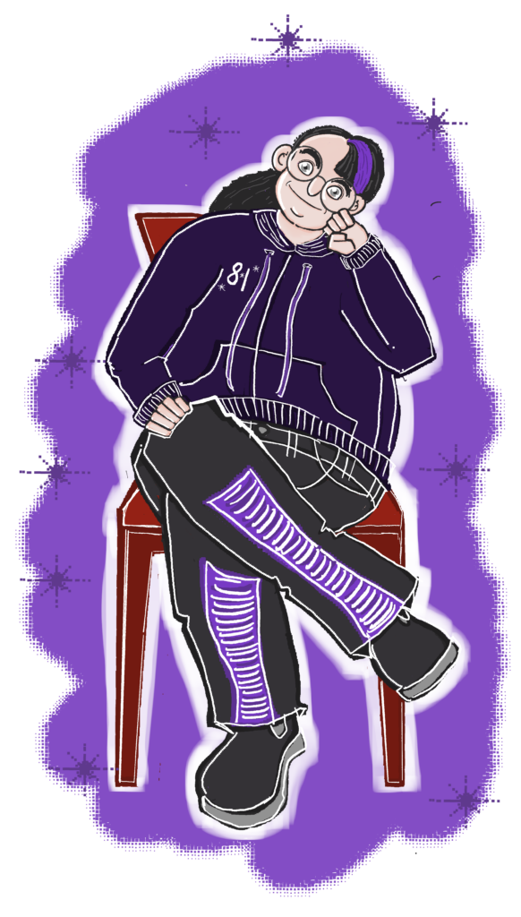 A drawing of a light-skinned, bespectacled round man sitting on a red chair. He has dark brown hair with a purple streak. He’s wearing a purple hoodie and black trousers with purple accents. 