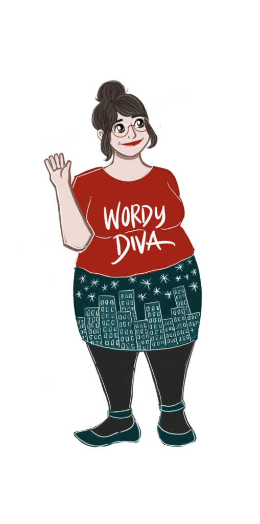 A drawing of a curvy brunette, brown-eyed white woman with glasses. She’s wearing a red T-shirt that says ‘Wordy Diva’, a skirt with a city skyline on it, and dark-green strappy flats. She’s waving. 