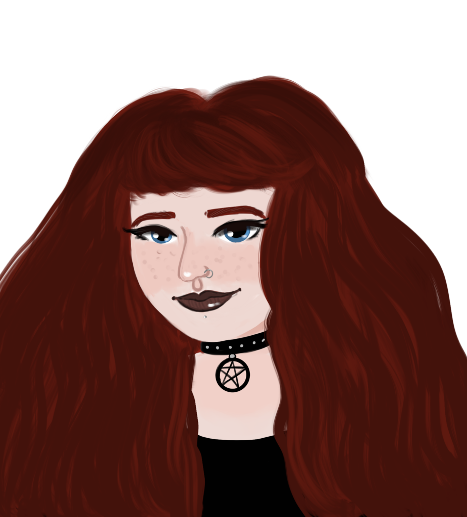 A picture of a redheaded white woman with blue eyes, dark lipstick and a pentacle choker.